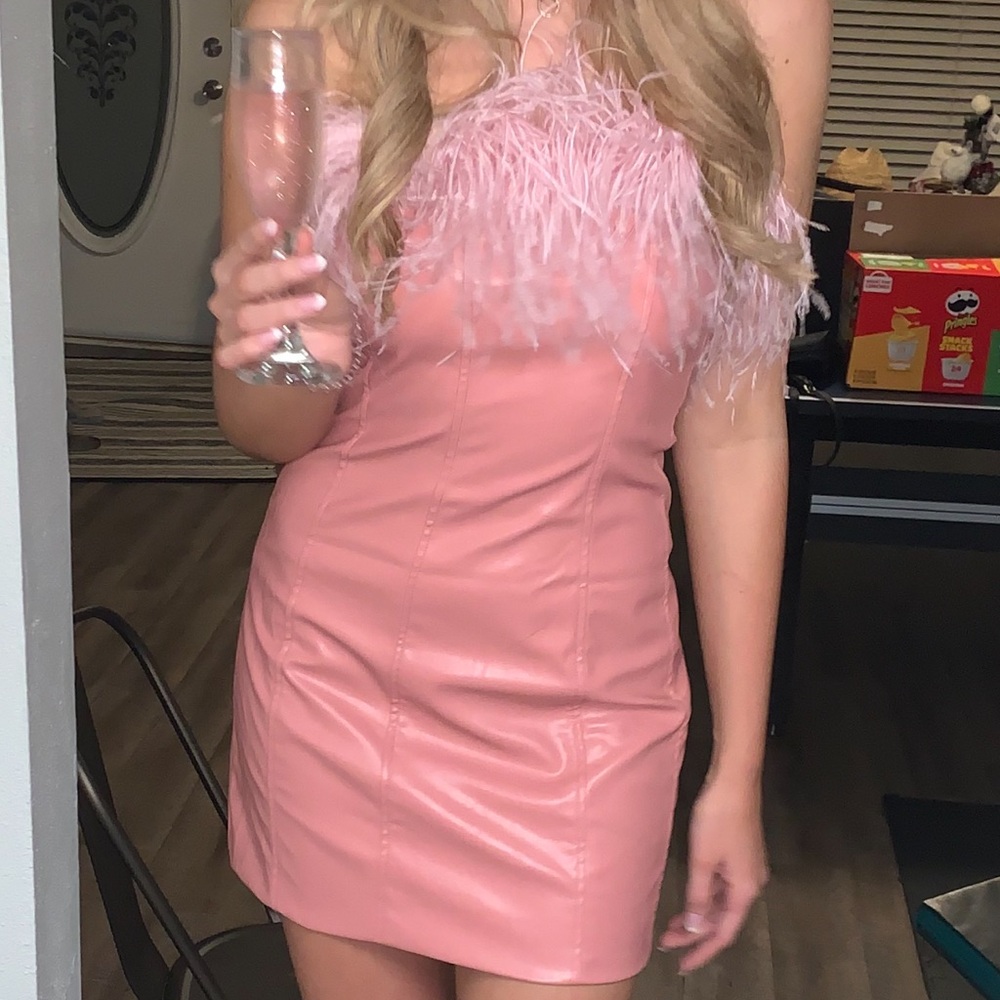 Alamour Pink Feather-Trimmed Mini Dress
